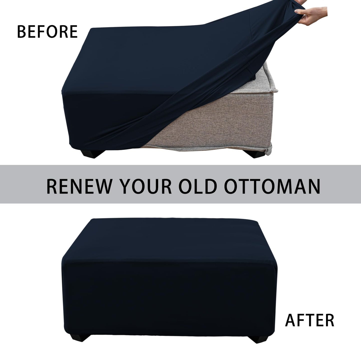 UOIJAY Super Stretch Ottoman Cover- Soft Form Fit Ottoman Cover Rectangular Ottoman Slipcovers for Folding Storage Furniture, Footstool Cover with Nonslip Elastic Bottom (Large, Navy)