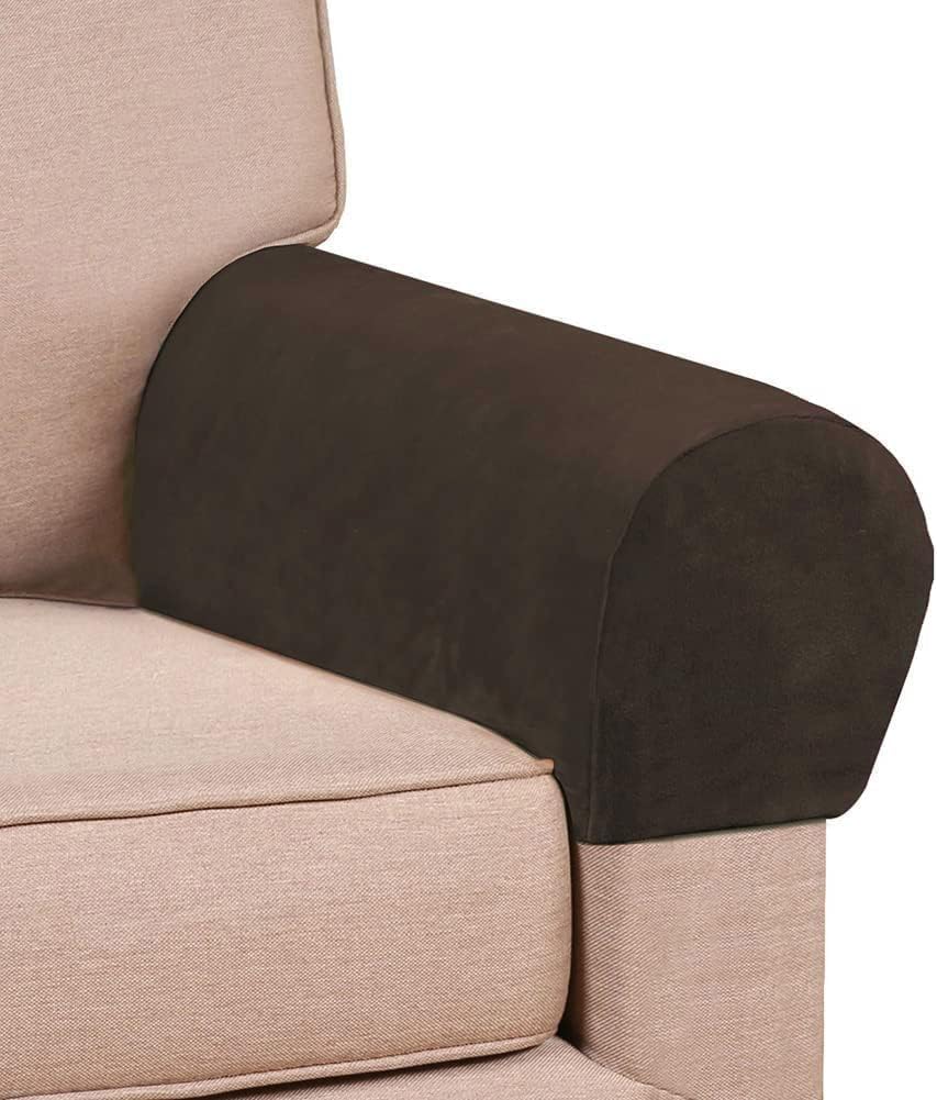 Soft Sofa Armrest Covers - Skin-Friendly Stretch Polyester, Comfortable Scratch Resistant for Square/Curved/Reclining Armrests, One Pair, Dark Brown