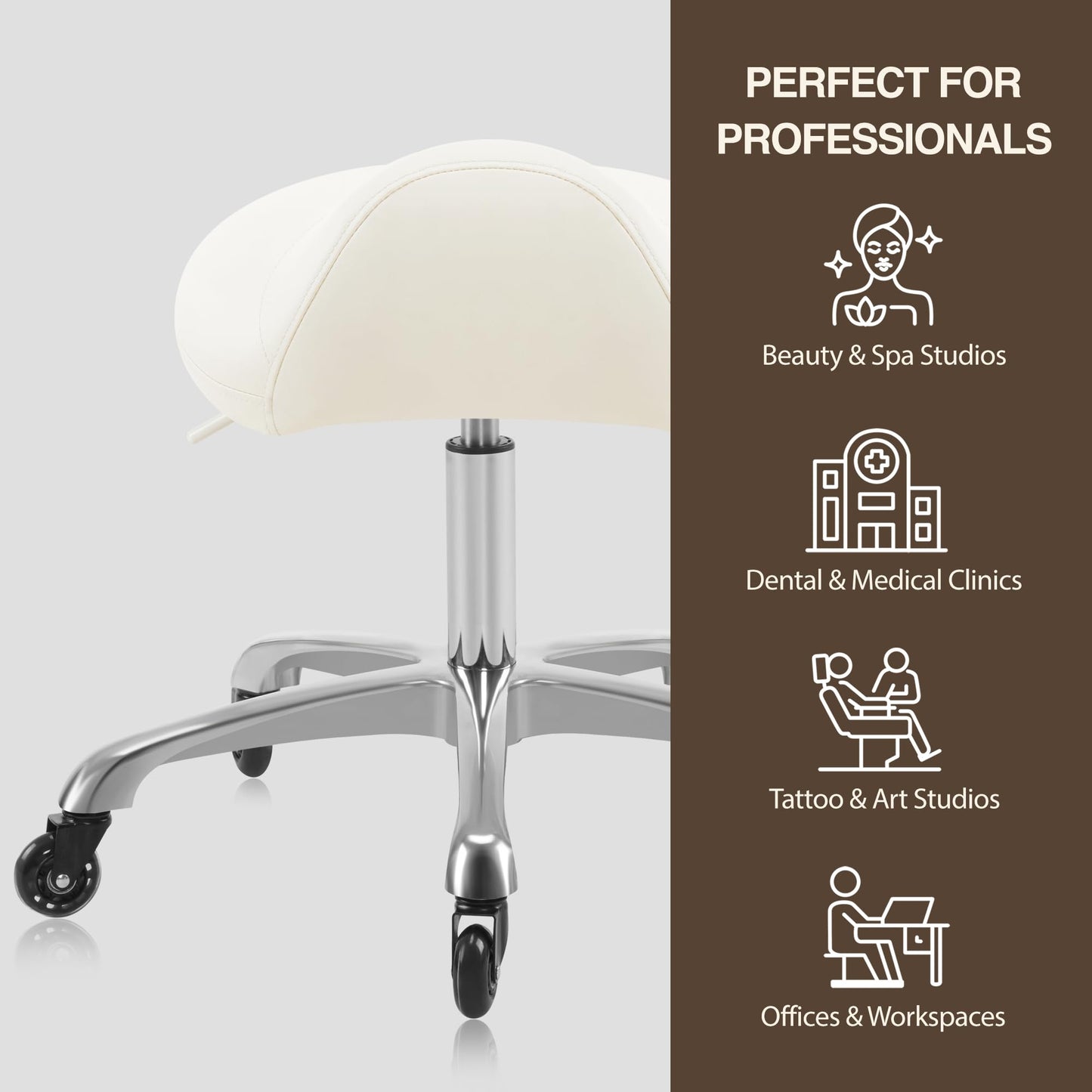 DR.LOMILOMI Heavy-Duty Ergonomic Pneumatic Swivel Rolling Saddle Stool with Extra Wide Seat for Hygienic Clinic Spa Massage Home and Office - 505 KIMO (Vanilla)