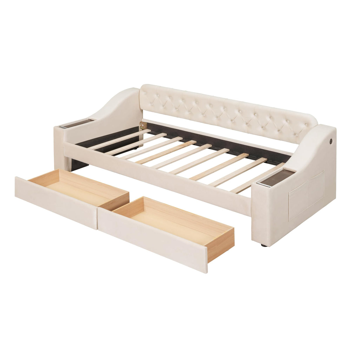 GDFStudio Twin Size Upholstered Daybed with USB Ports and Storage Drawers, Velvet Daybed Frame with Button Tufted Armrests and Wood Slat Support, Beige