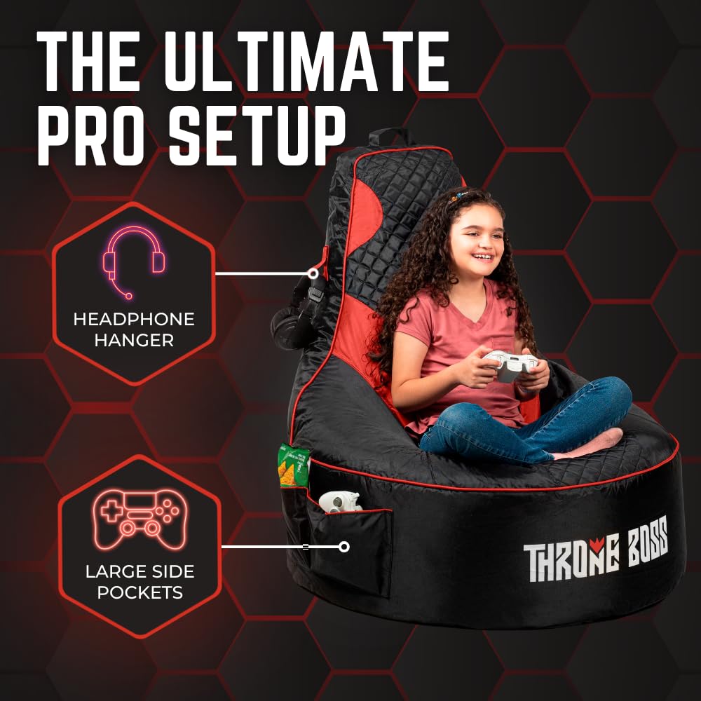 Throne Boss Gaming Bean Bag Chair Cover for Kids with High Back, Red – Gamer Chair for Kids with 2 x Large Side Pockets, Headphone Hanger, Easy to Clean Fabric, Requires 200 Liters Polystyrene Beans