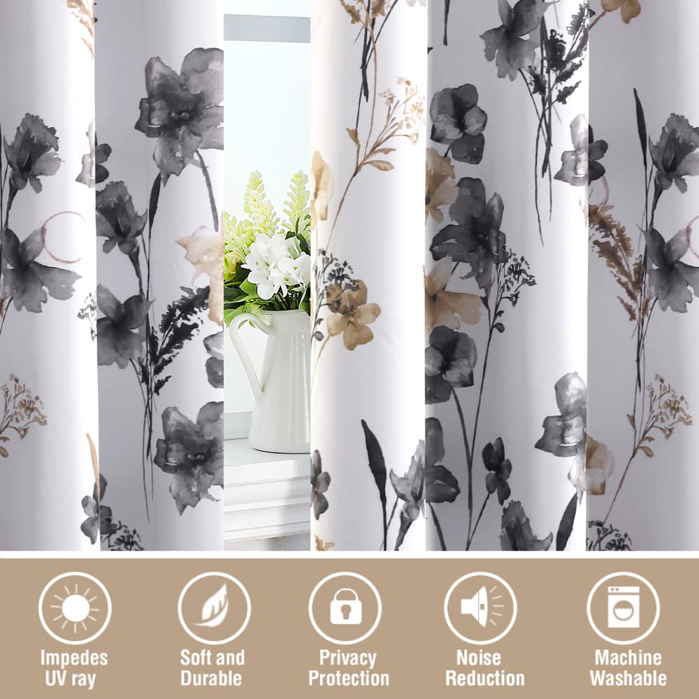 H.VERSAILTEX 100% Blackout Curtains for Bedroom Cattleya Floral Printed Drapes 63 Inches Long Leah Floral Pattern Full Light Blocking Drapes with Black Liner Rod Pocket 2 Panels, Grey/Taupe