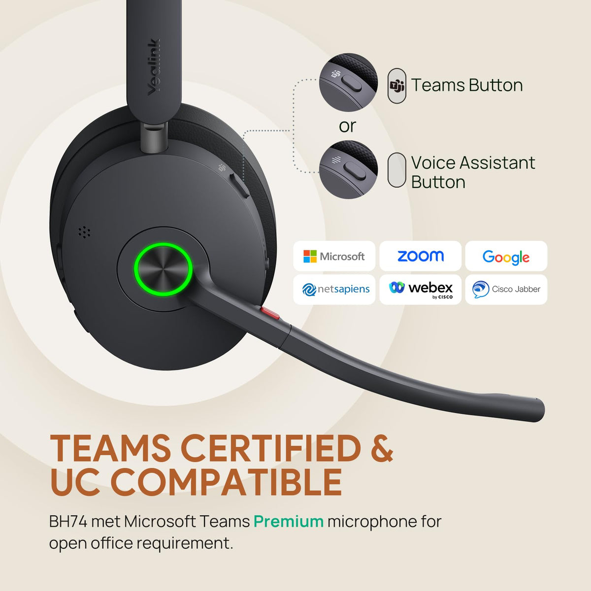 Yealink BH74 with Stand ANC Wireless Bluetooth Headset with Mic for Work, 6-mics Hybrid ANC Tech, Microsoft Teams Premium Open Ofﬁce Certified Headsets, up to 32h Talking Battery Life, Zoom Certified