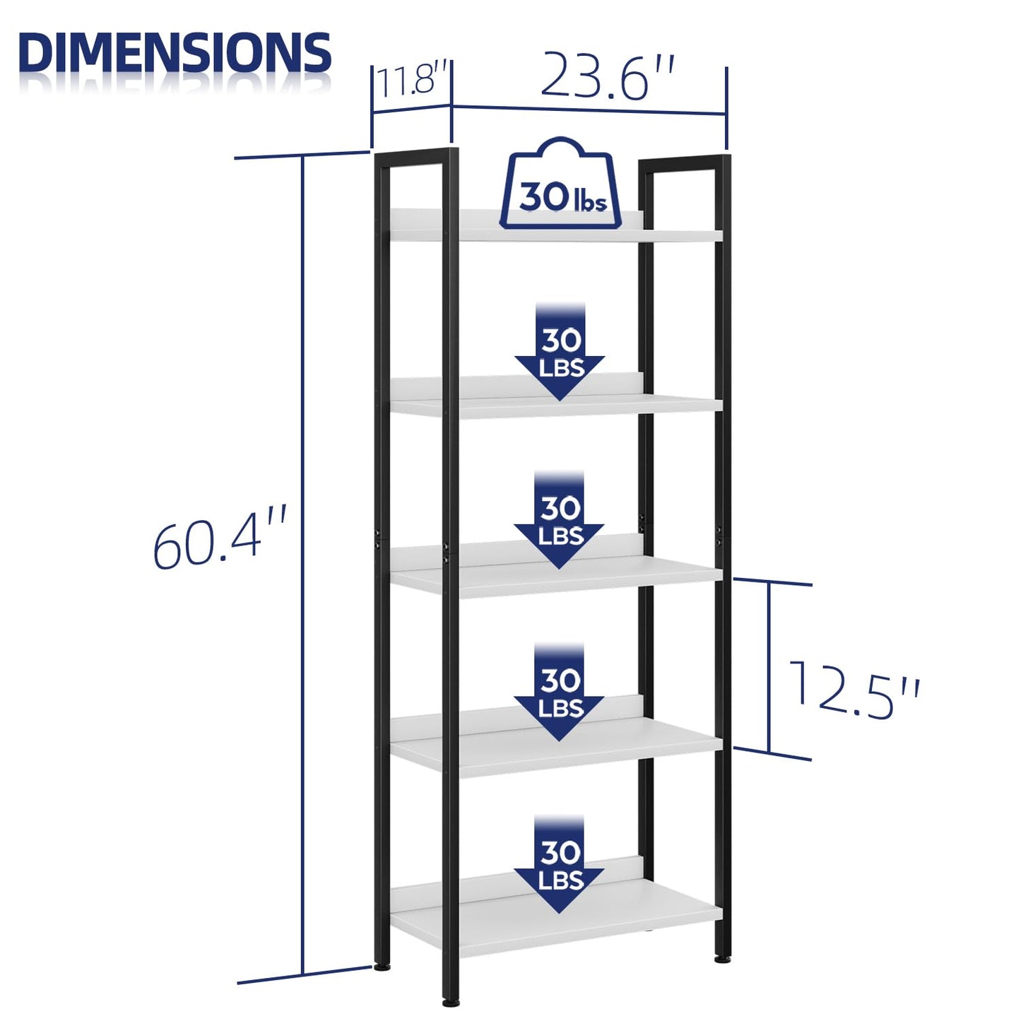 NUMENN Bookshelf, 5 Tier Bookshelves, Home Office Bookcase Shelf Storage Organizer, Free Standing Storage Shelving Unit for Bedroom, Living Room and Home Office, White&Black