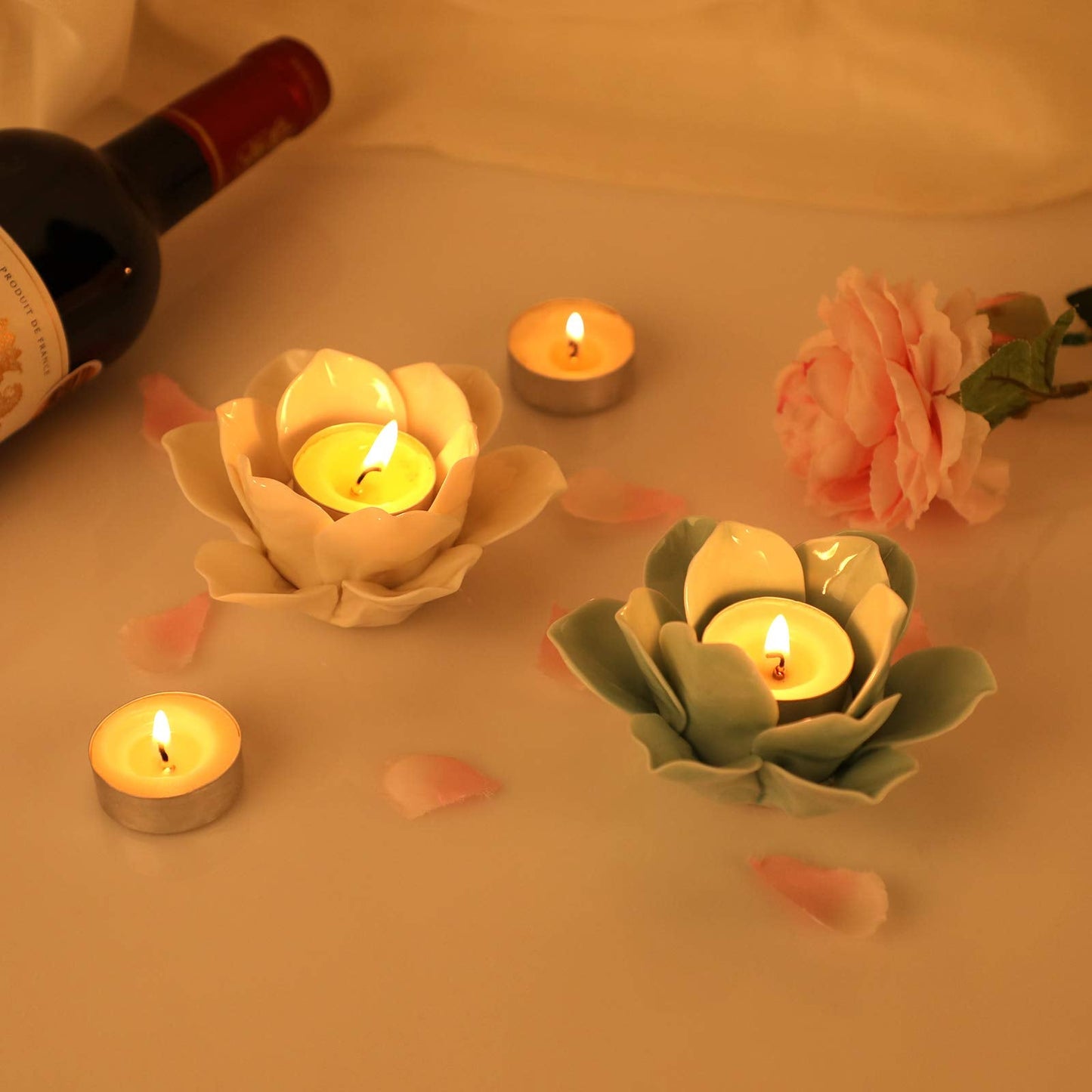 OwnMy Green Ceramic Lotus Flower Tealight Holder 4.5 Inch Lotus Petal Tealight Candle Holder, Ceramic Votive Candle Stand for Wedding Table Centerpieces Home Decors
