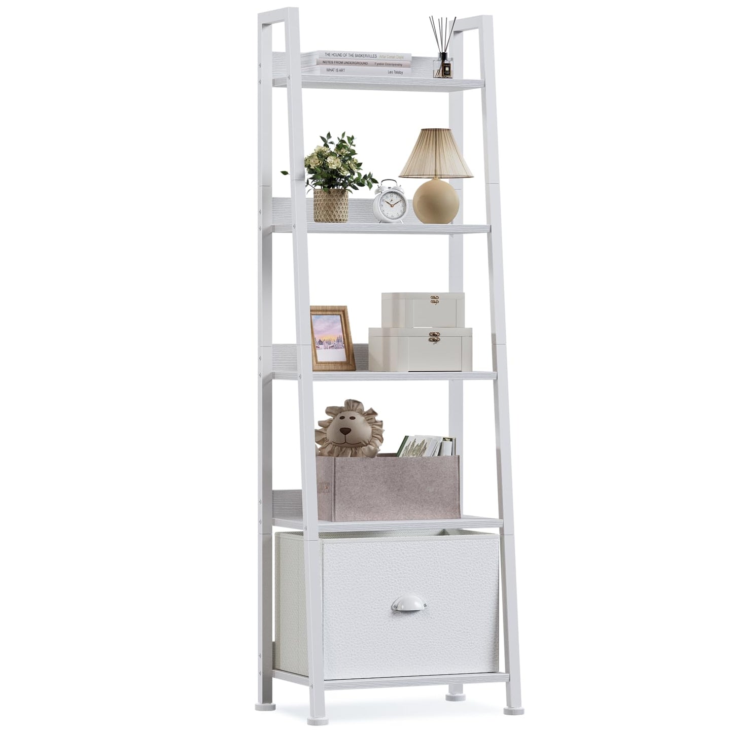 Furologee 5-Tier White Ladder Shelf, Ladder Bookshelf with Removable Drawer, Mordern Bookcase Storage Rack Organizer, Wood Metal Freestanding Storage Shelves for Living Room, Home Office, Bedroom