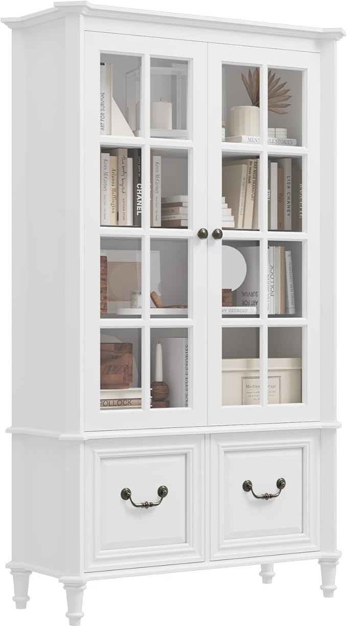 QUW 63" Tall Bookshelf with Glass Doors and Solid Wood Legs, Modern Book Shelf