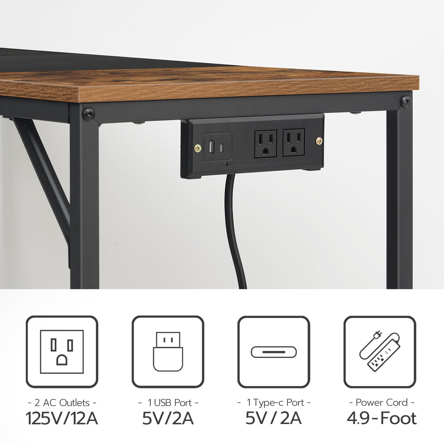 HOOBRO Computer Desk, Home Office Desk with Power Outlet, Modern Study Writing Desk with 3 Hooks for Study Room, Home Office, Sturdy and Stable, Easy to Assemble, Rustic Brown and Black BF41UDN01