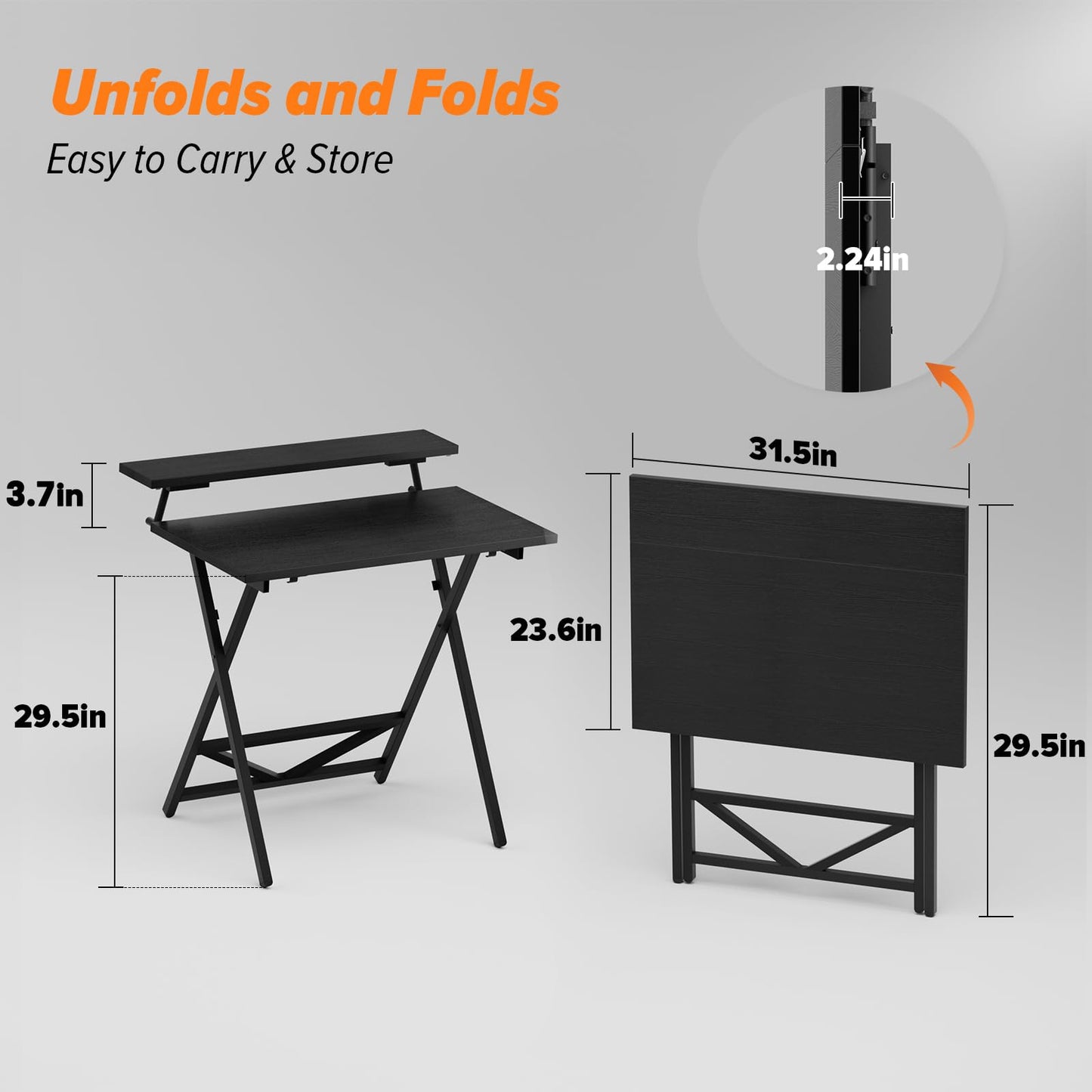 WOHOMO Folding Computer Desk with Adjustable Height, 23.6" x 31.5" x 25.6" Foldable Table with Monitor Stand, Small Office Desk for Bedroom, Space Saving Desk for Home Office, Easy Assemble, Black