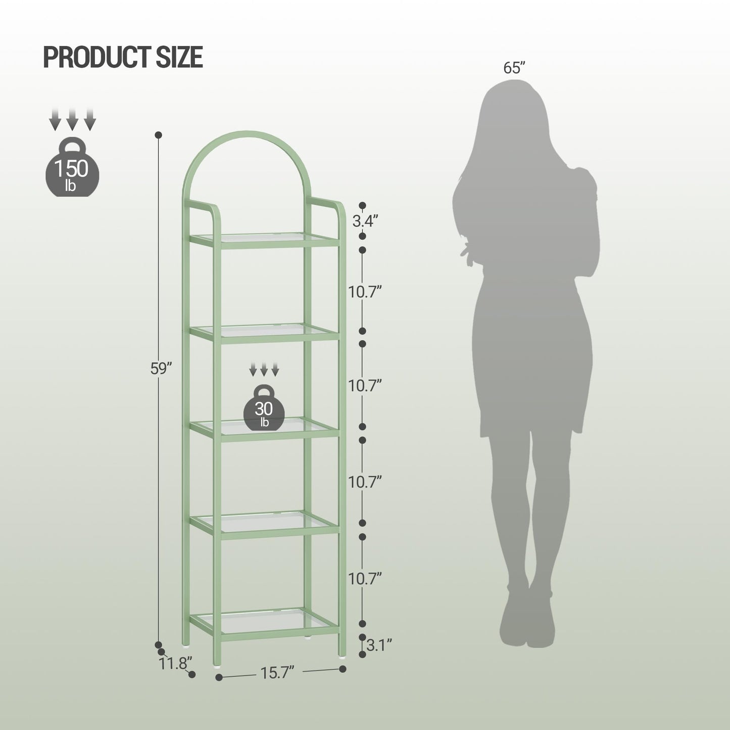 Hzuaneri Bookcase Bookshelf, Tempered Glass Bookshelves, Slim Shelving Unit for Bedroom, Bathroom, Home Office, Steel Frame, 5 Tier Green BC05099C
