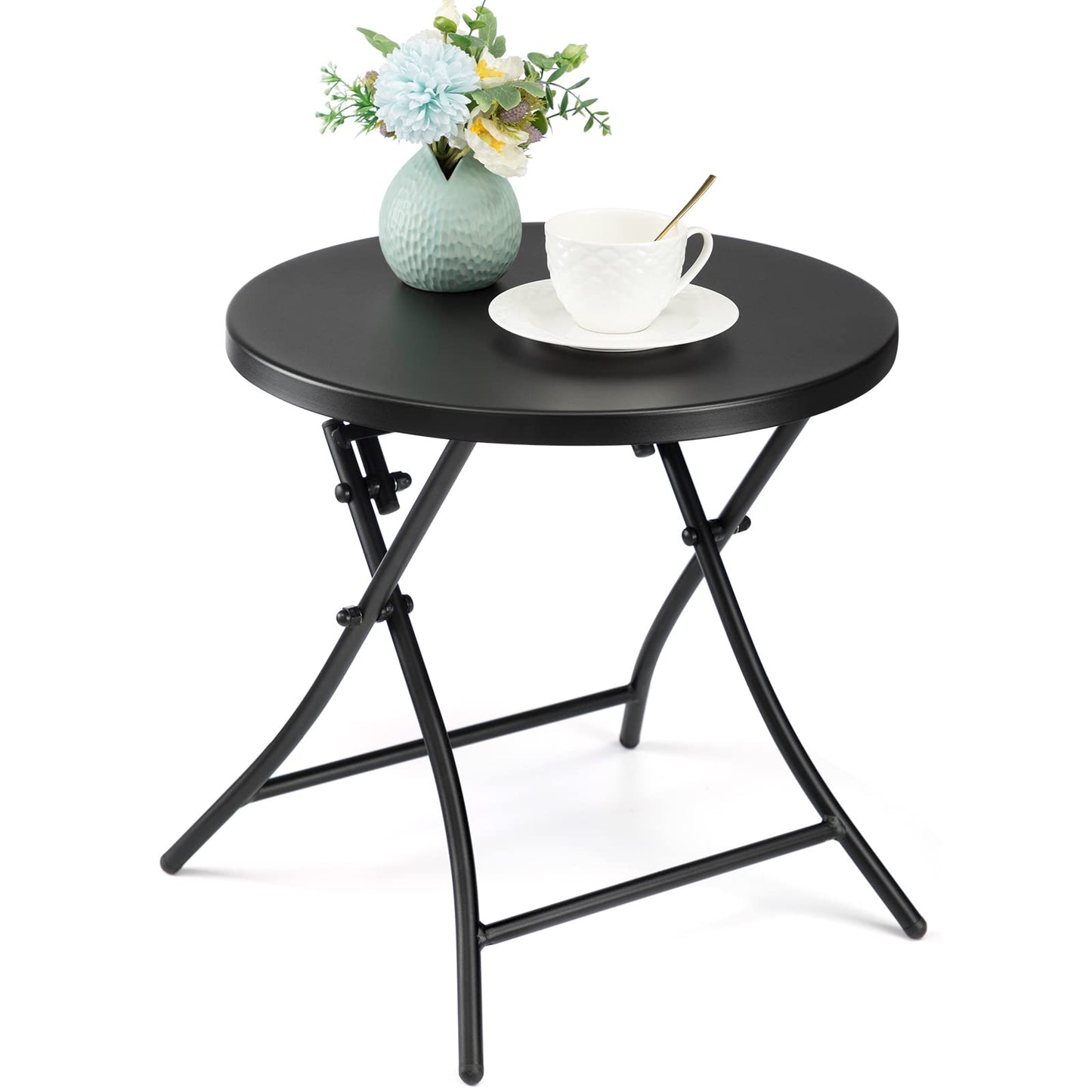Outdoor Side Table, Folding Round Metal End Table, Weather Resistant Small Patio Accent Table for Porch Yard Balcony Deck (All Black)