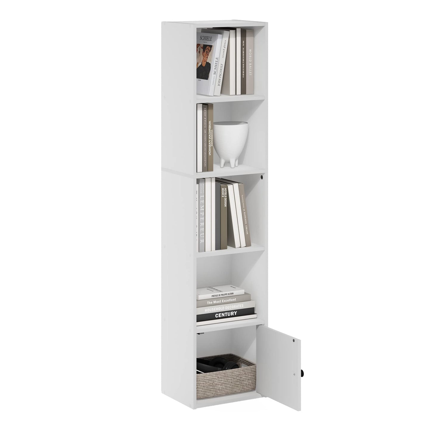 Furinno LUDER Book Shelf, 5-Tier Modern Bookshelf, Bookcase with 1 Door Storage Cabinet, 9.3 x 12 x 52, for Organization and Storage, for Living Room, Bedroom, Home Office, White