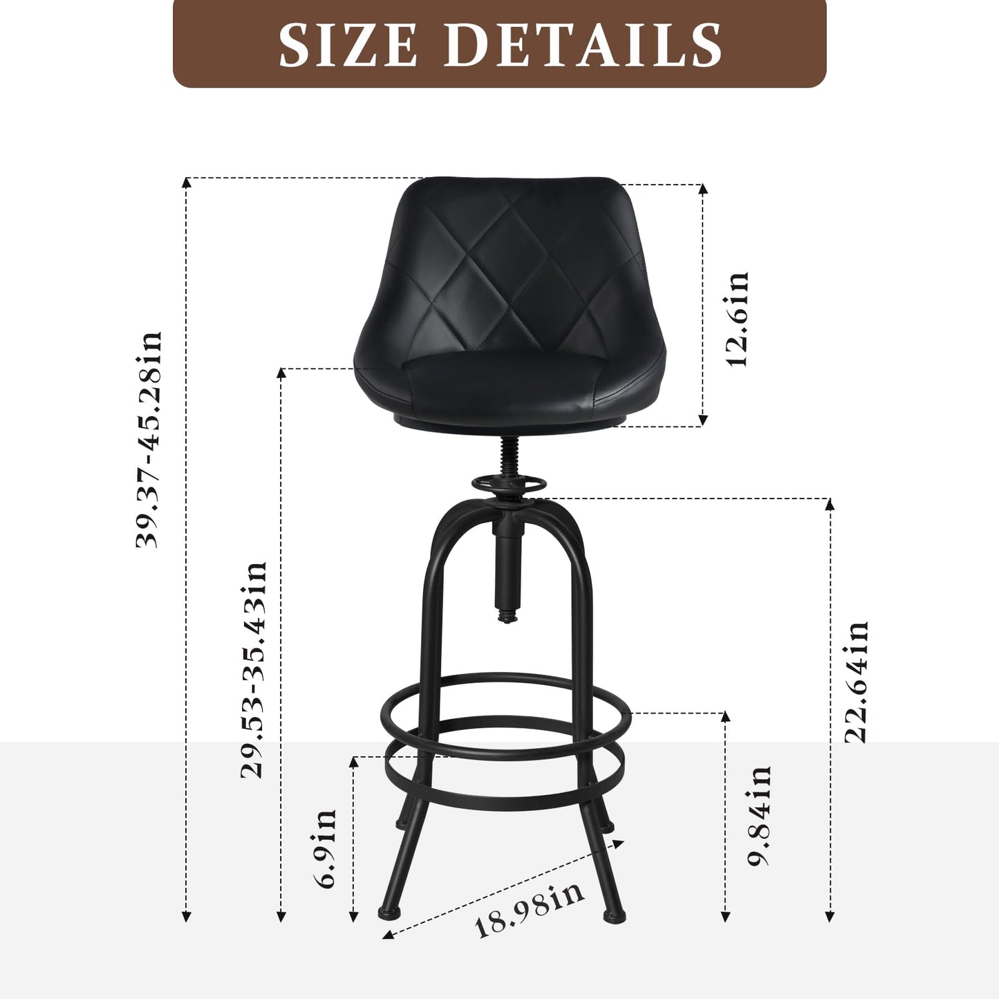 BOKKOLIK Industrial Bar Stool with Leather Backrest 26-32inch Height Adjustable Rustic Swivel Office Chairs Vintage Pub Stools for Kitchen Island Dining Room Living Room