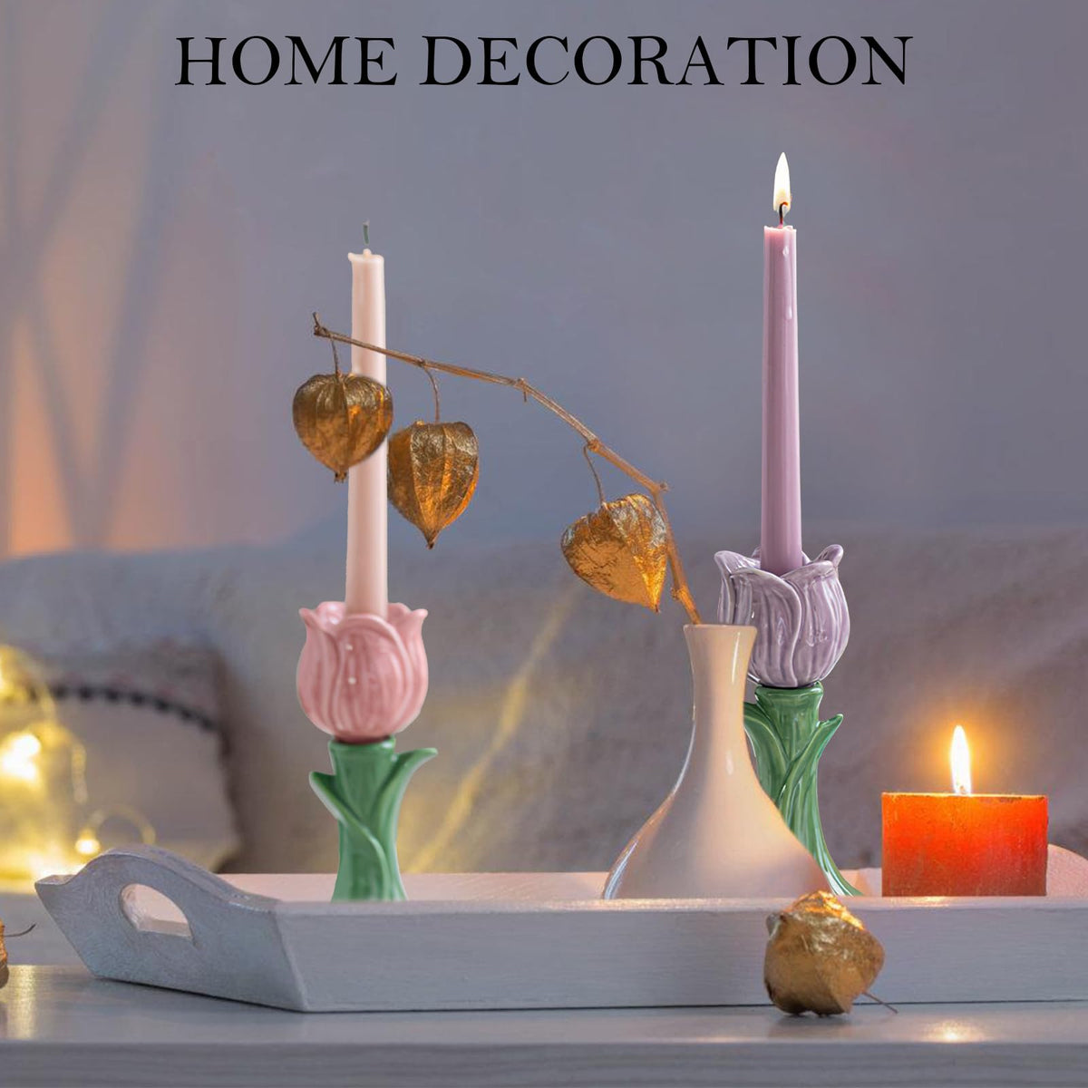 Ceramic Candlestick Holder， Candle Holder for Taper Candles,Incense, Santo Palo, Halloween Christmas Wedding Parties, Dining Room Home Decoration Display (Purple)