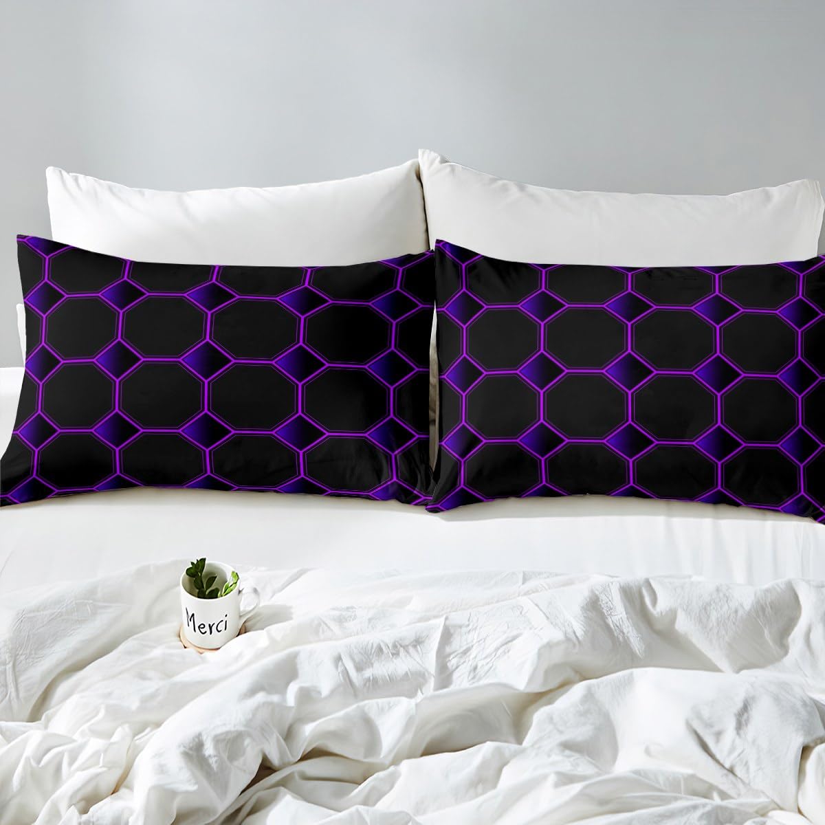 Honeycomb Bed Sheets Set Queen Size Geometric Hexagonal Beehive Sheet Set for Boys,3D Stereoscopic Purple Hexagon Sheets,Neon Simplistic Geometrical Black Room Decor