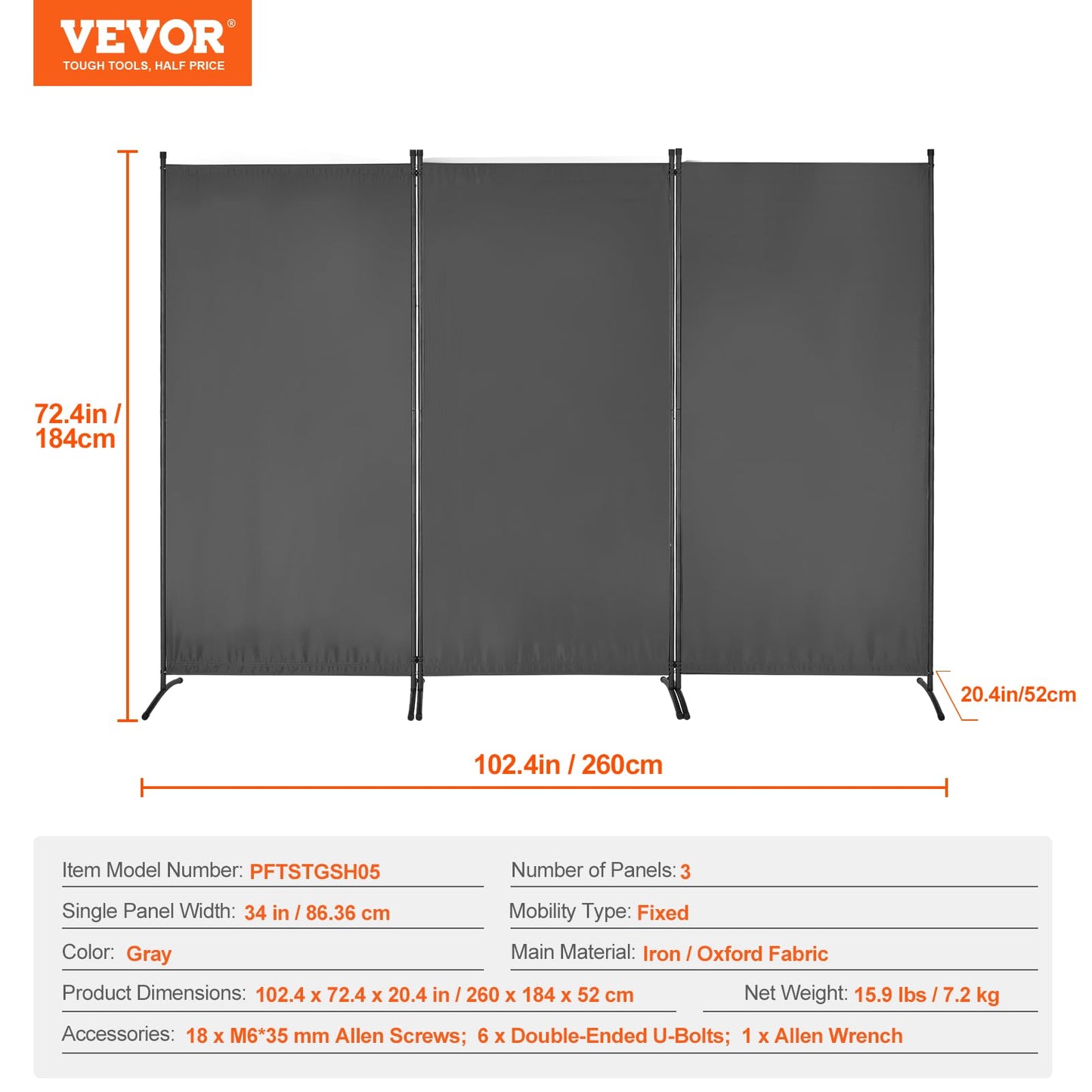 VEVOR Room Dividers, 3 Panel Room Divider, Folding Privacy Screen and Portable Partition Divider for Room Separation, Freestanding Room Partitions for Office, Bedroom, Study, Grey