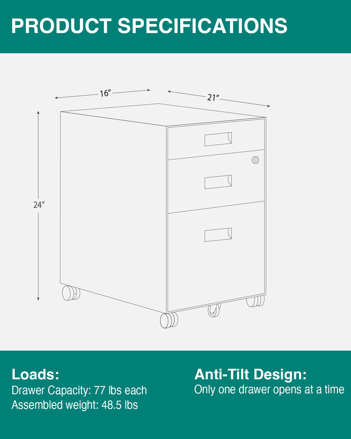 YEB Comfort 3 Drawer File Cabinet with Lock - Under Desk Metal Filing Cabinet, Legal/Letter File Folders, Wheels, Fully Assembled, White/Gray
