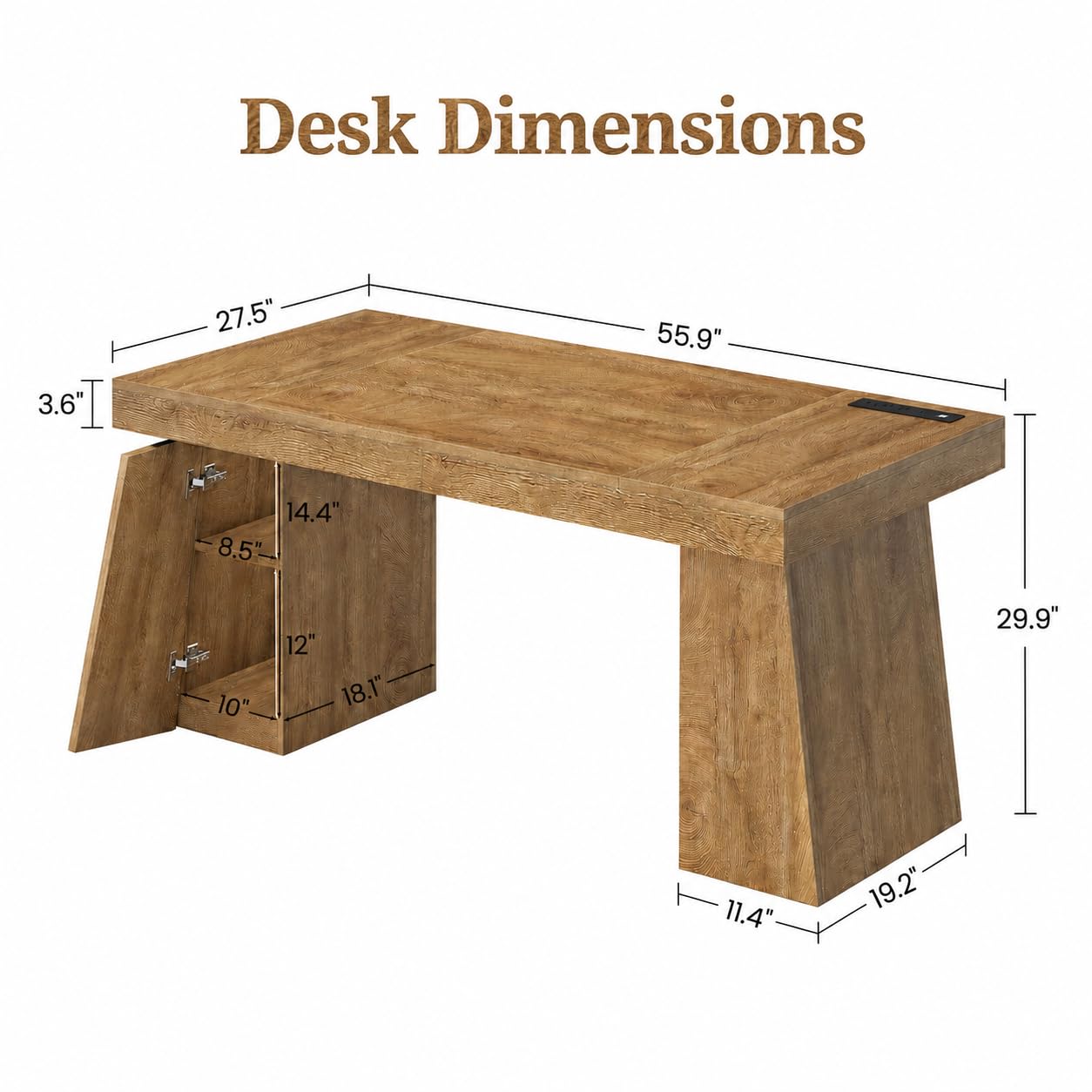 OpuVentorium 55.9" Oak Executive Desk with Power Outlets, Modern Home Office Desk with Storage Cabinet, Wooden Computer Desk for Workstation and Conference Use