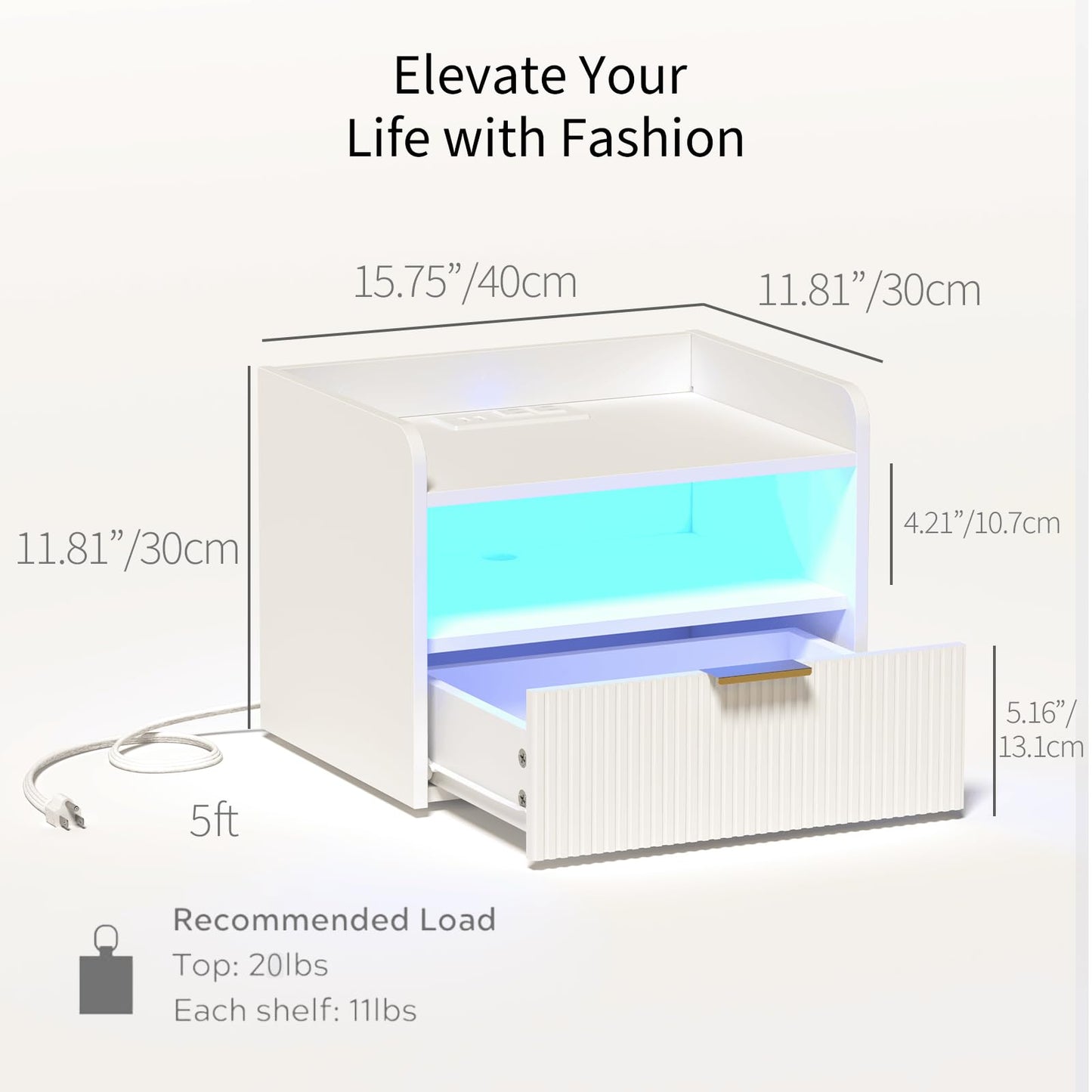 Veegle White Floating Nightstand with Charging Station and LED Lights (White)