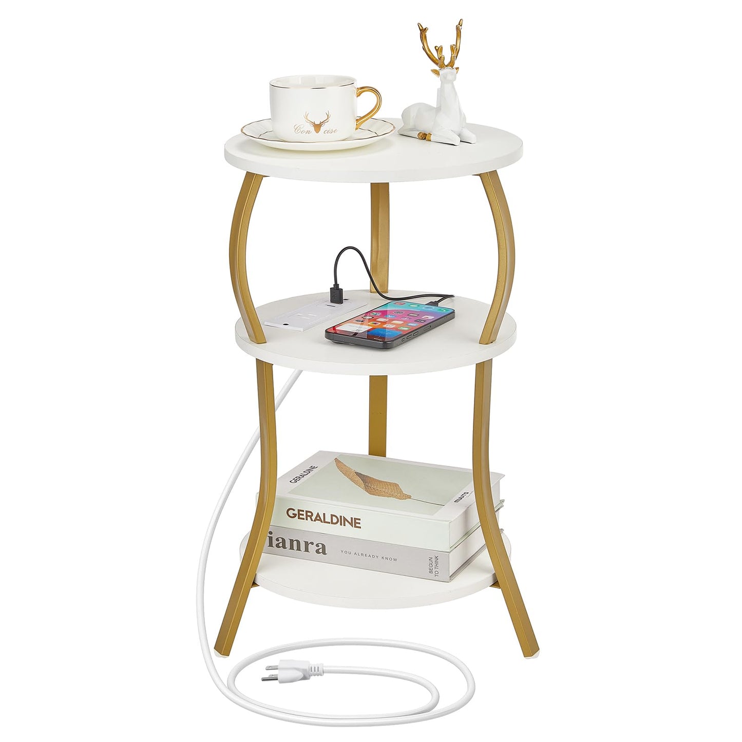 Small Round Side Table with Charging Station, 3-Tier Waist Circular End Table with Storage Shelf, Compact Tea Sofa Side Table Small Spaces, Round Corner Coffee Table for Living Room Bedroon,White+Gold
