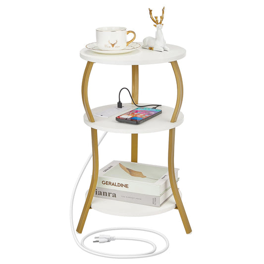 Small Round Side Table with Charging Station, 3-Tier Waist Circular End Table with Storage Shelf, Compact Tea Sofa Side Table Small Spaces, Round Corner Coffee Table for Living Room Bedroon,White+Gold