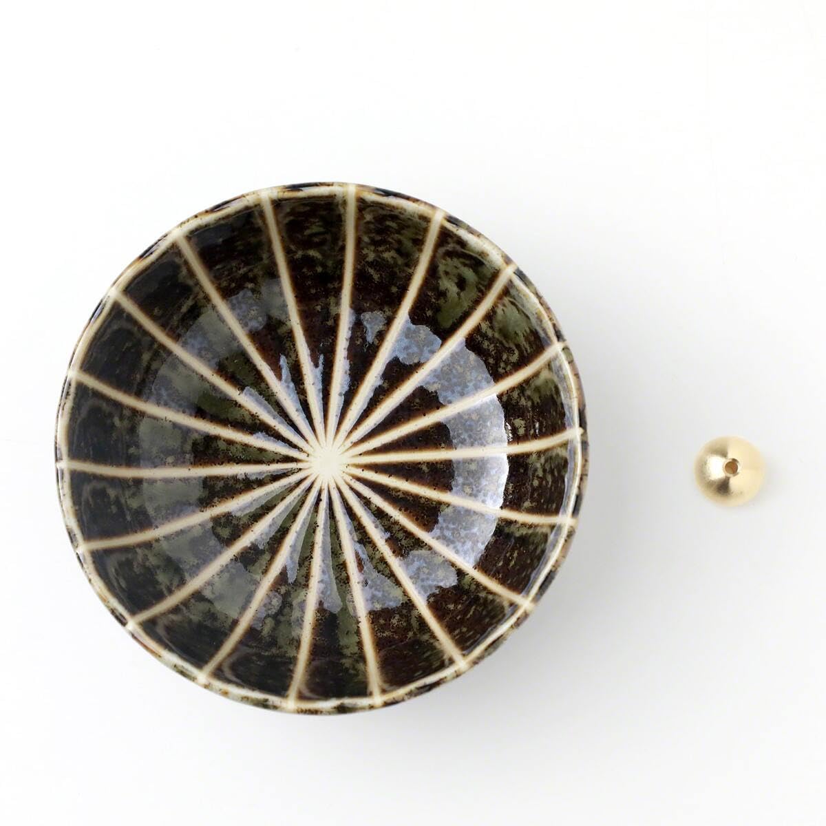Asayu Japan Lotus Incense Holder for Sticks 4.1 inch (105mm), Traditional Made in Japan Ceramic Ash Catcher and Brass Incense Burner Set - Green Lotus