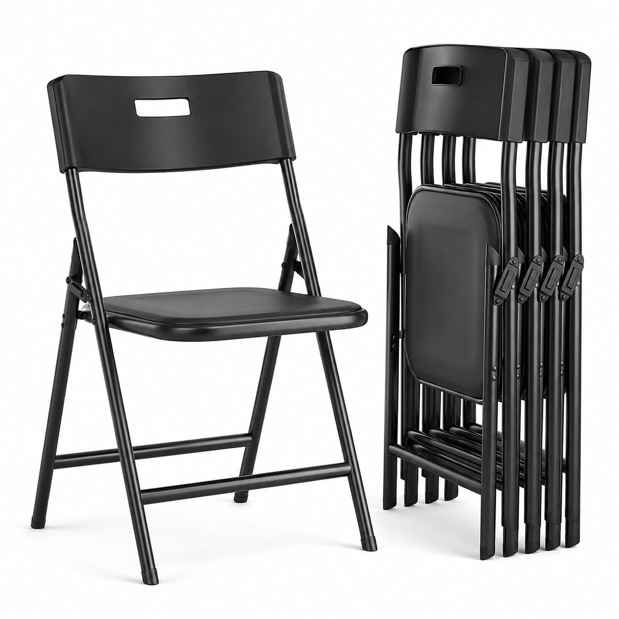 New Home Era Plastic Folding Chairs Heavy-Duty Foldable Chairs Indoor/Outdoor, Portable Dining Chair for Kitchen, Patio, Garden, Party Events – Stackable, Space-Saving Folding Chair (Black, 4 Pack)