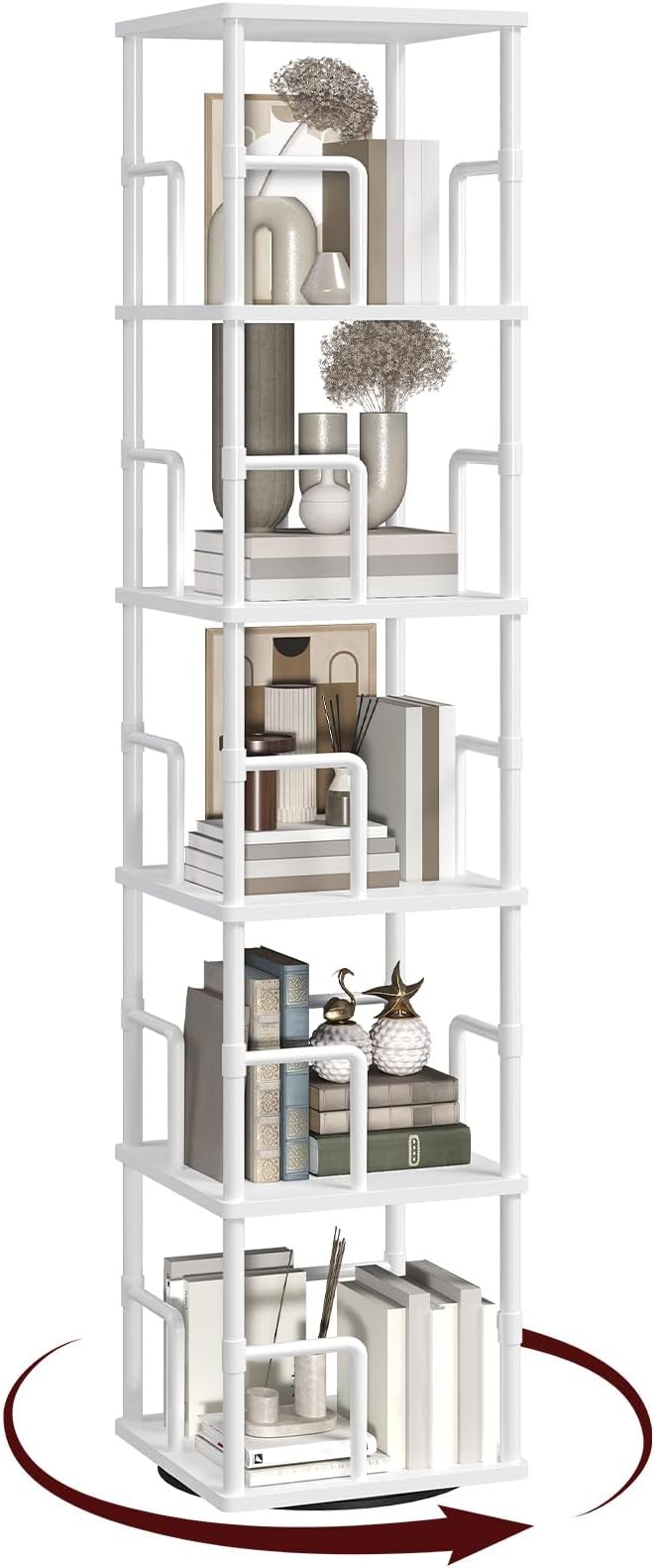 MAHANCRIS 5-Tier Rotating Bookshelf, Freestanding Corner Bookshelf, 360°