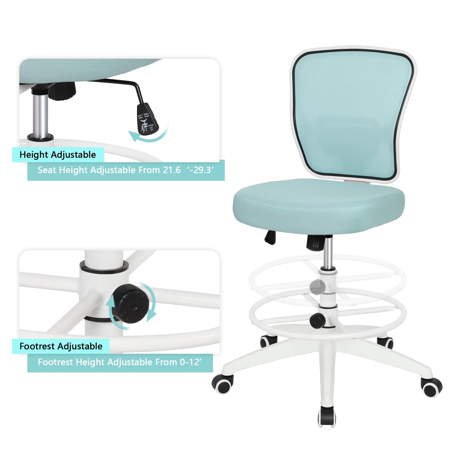 HYLONE Drafting Chair Adjustable Height Tall Office Chairs Standing Desk Chair Rolling Stool Chair Armless Office Drafting Chair Blue
