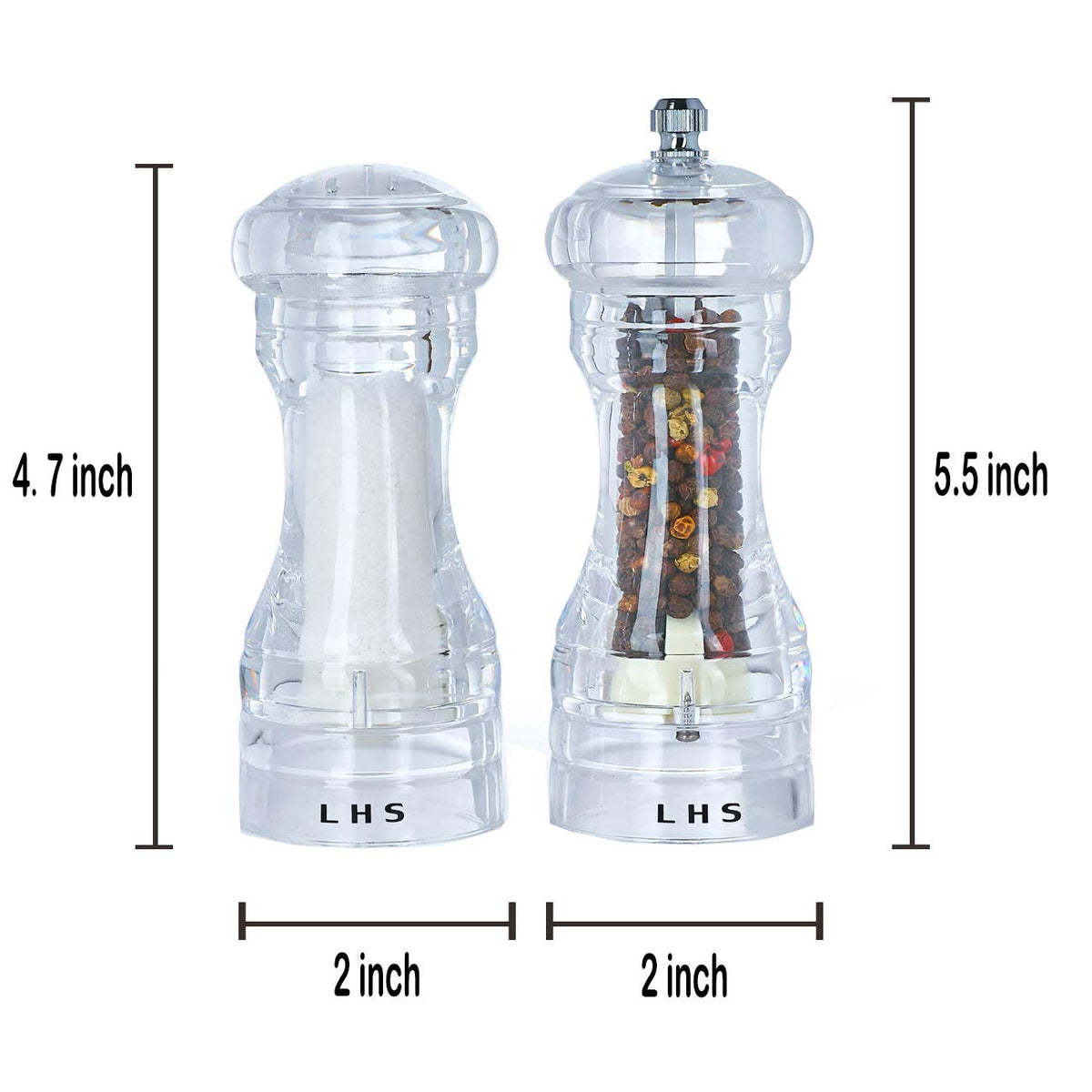 LHS Pepper Mill and Salt Shaker Set of 2 Salt and Pepper Mill Shaker with Adjustable Coarseness-Clear