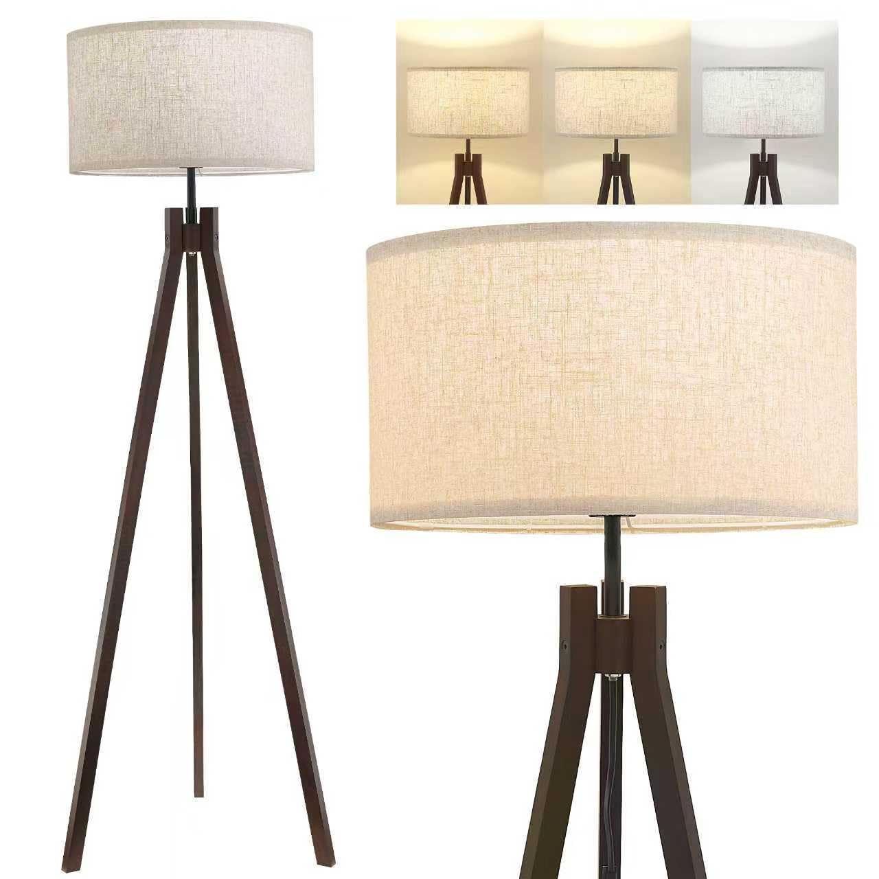 ELYONA Wood Tripod Floor Lamp for Bedroom, 3 Color Temperatures & Linen Shade, Modern Reading Standing Lamp with 9W LED Bulb, Mid Century Night Light for Farmhouse, Living Room, Office, Walnut