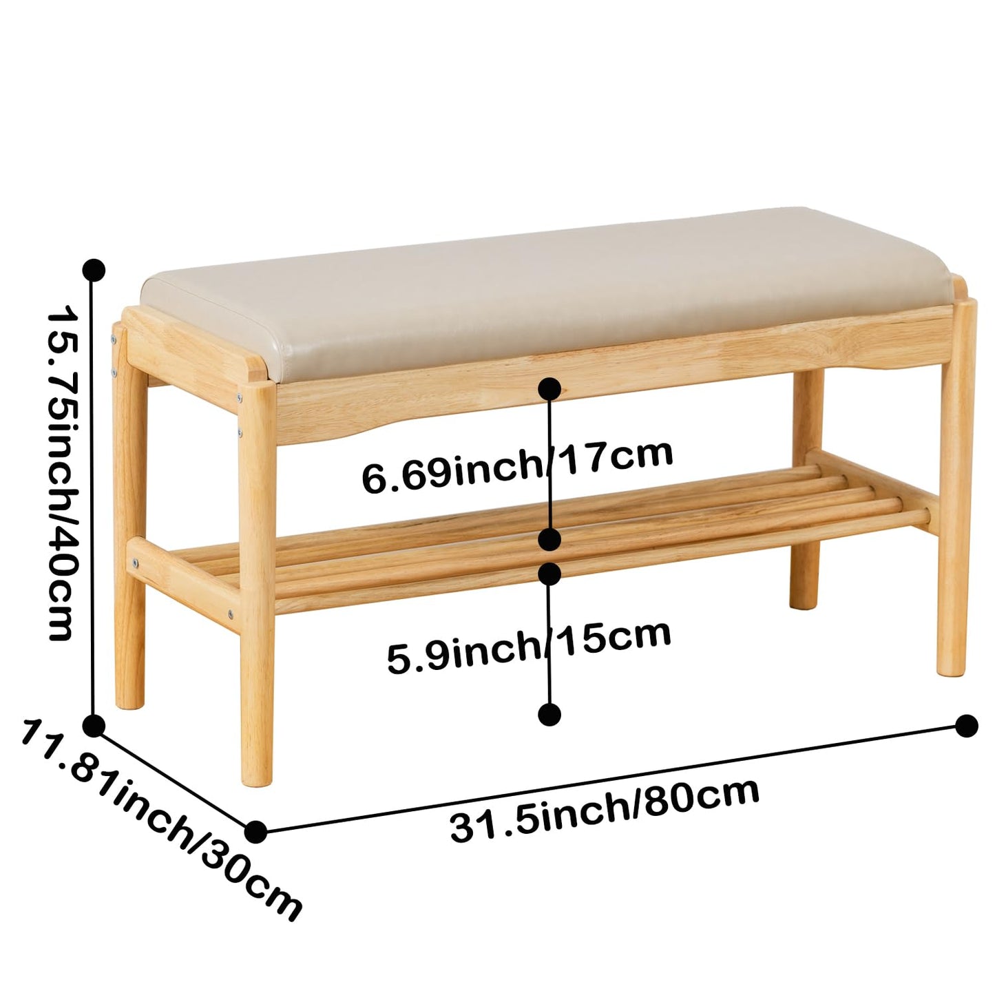 SOBIBO Entryway Shoe Bench with Cushioned Seat, 2-Tier Rubberwood Shoe Rack Storage Organizer for 8-12 Pairs, 31.5" Shoe Storage Bench (Beige & Natural Wood)