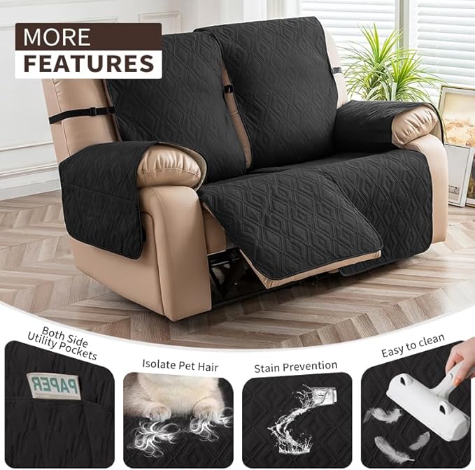 Genina Black Waterproof Loveseat Recliner Cover, Sofa Cover