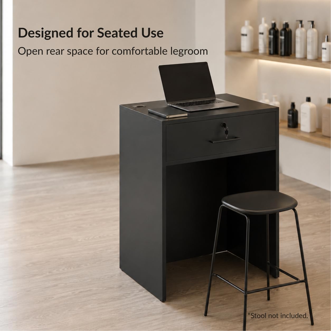 AGATEO Host Stand with Lockable Drawer, Small Reception Desk, 26-Inch Checkout Counter with Cable Grommet for Salons, Restaurants, Events and Retail, Black