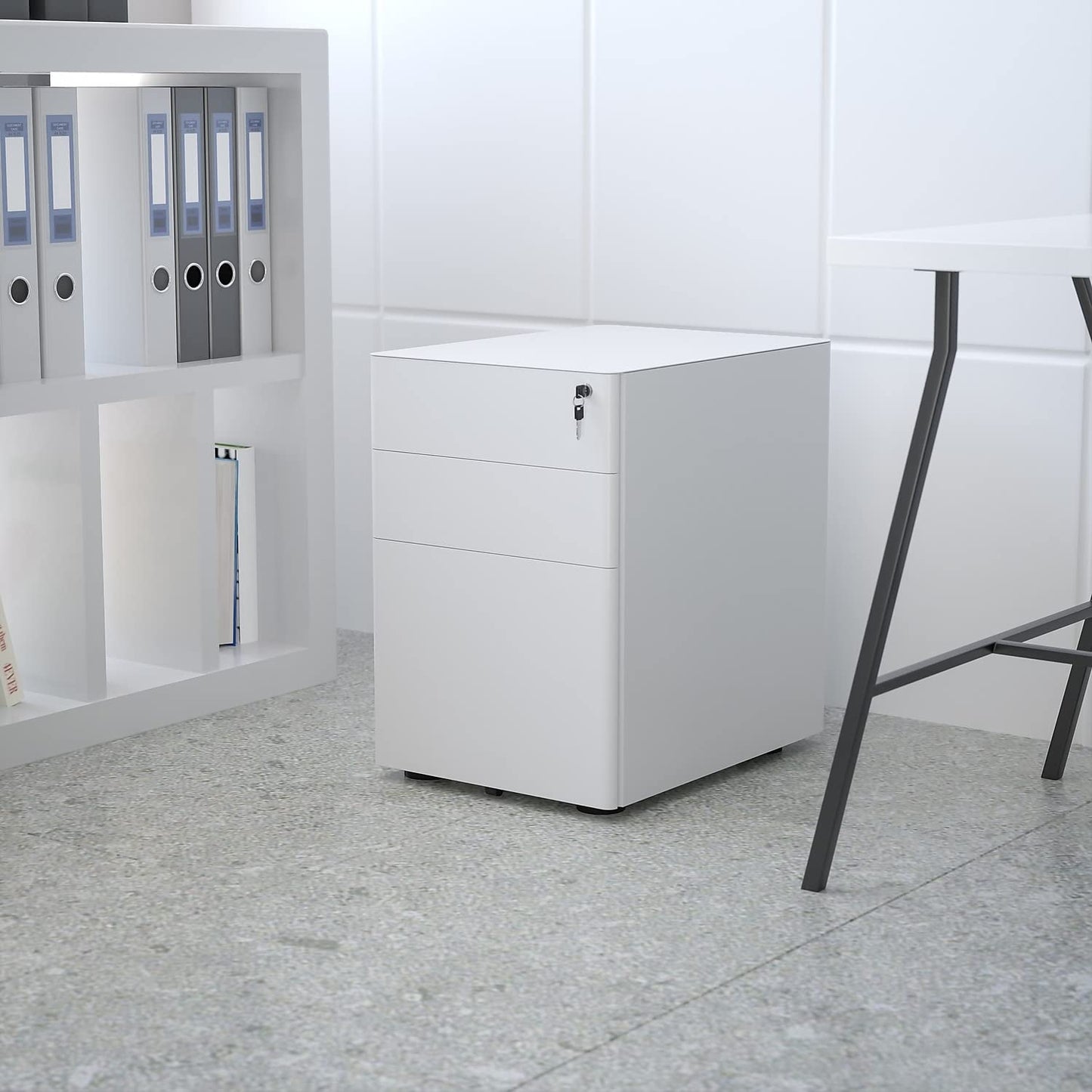 Flash Furniture Warner Modern 3-Drawer Mobile Locking Filing Cabinet with Anti-Tilt Mechanism and Hanging Drawer for Legal & Letter Files, White