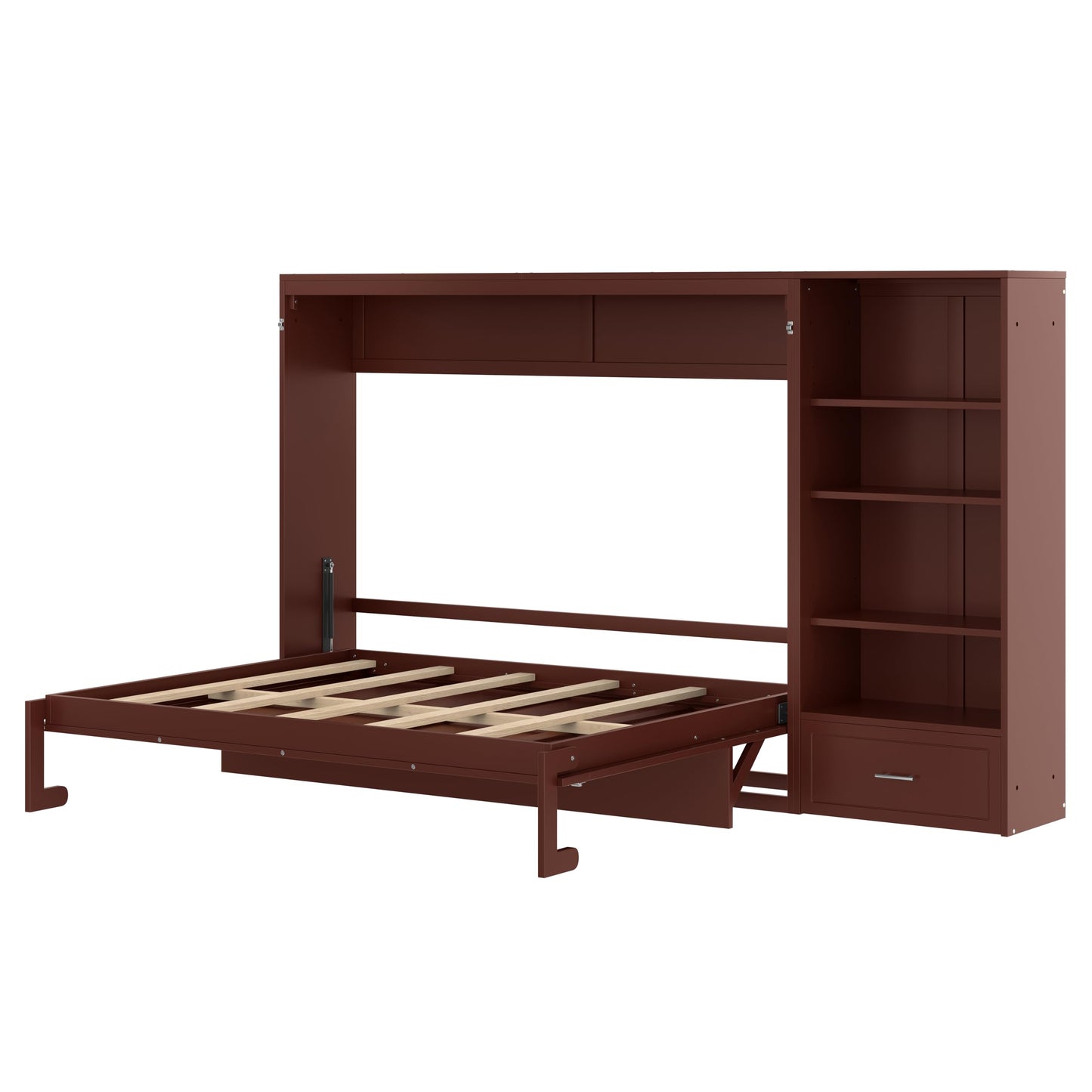 HECATEVIC Queen Size Murphy Bed with Storage, Space-Saving Wall Bed Cabinet with Adjustable Shelves, Foldable Bed Frame with Drawers, Walnut