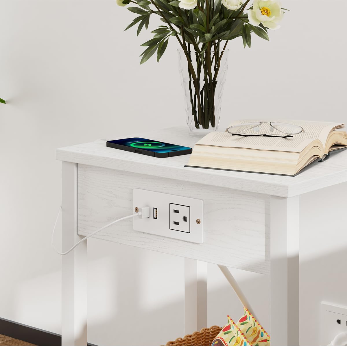 VIMBER Side Table with Charging Station, Set of 2 End Tables with USB Port and Outlets, Nightstands with 2-Tier Storage Shelves, Sofa Table for Small Space, Living Room, Bedroom, White UTBT102W2