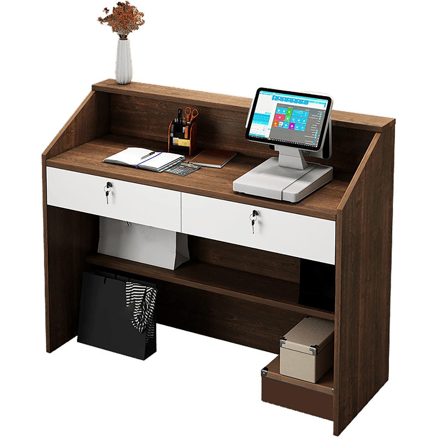 Modern Reception Desk with Lockable Drawers & Storage Cupboard, Reception Desk with Locking Drawers & Storage Shelves Small Office Secretary Counter Table White Modern Design Ideal for Home
