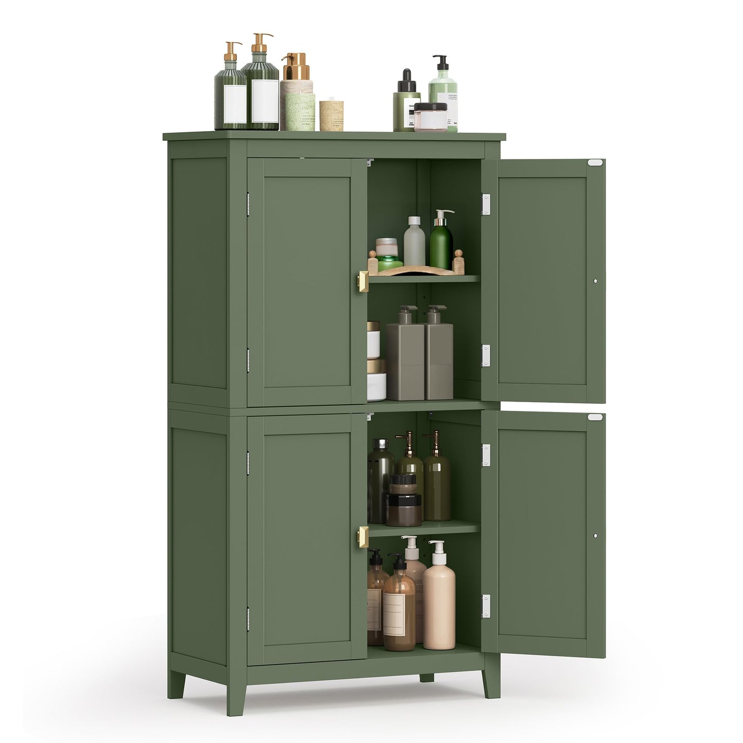 VASAGLE Floor Storage Cabinet, Freestanding Storage Unit with 4 Doors, Adjustable Shelves, 11.8 x 23.6 x 43.3 Inches, for Entryway, Bathroom, Forest Green UBBC552C01