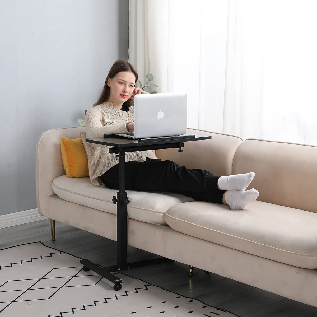 Bed Desk Adjustable Overbed Bedside Table Rolling Laptop Tray Desk Cart Height Portable Mobile Sit Stand Table Tilting Hospital Bed with Wheels