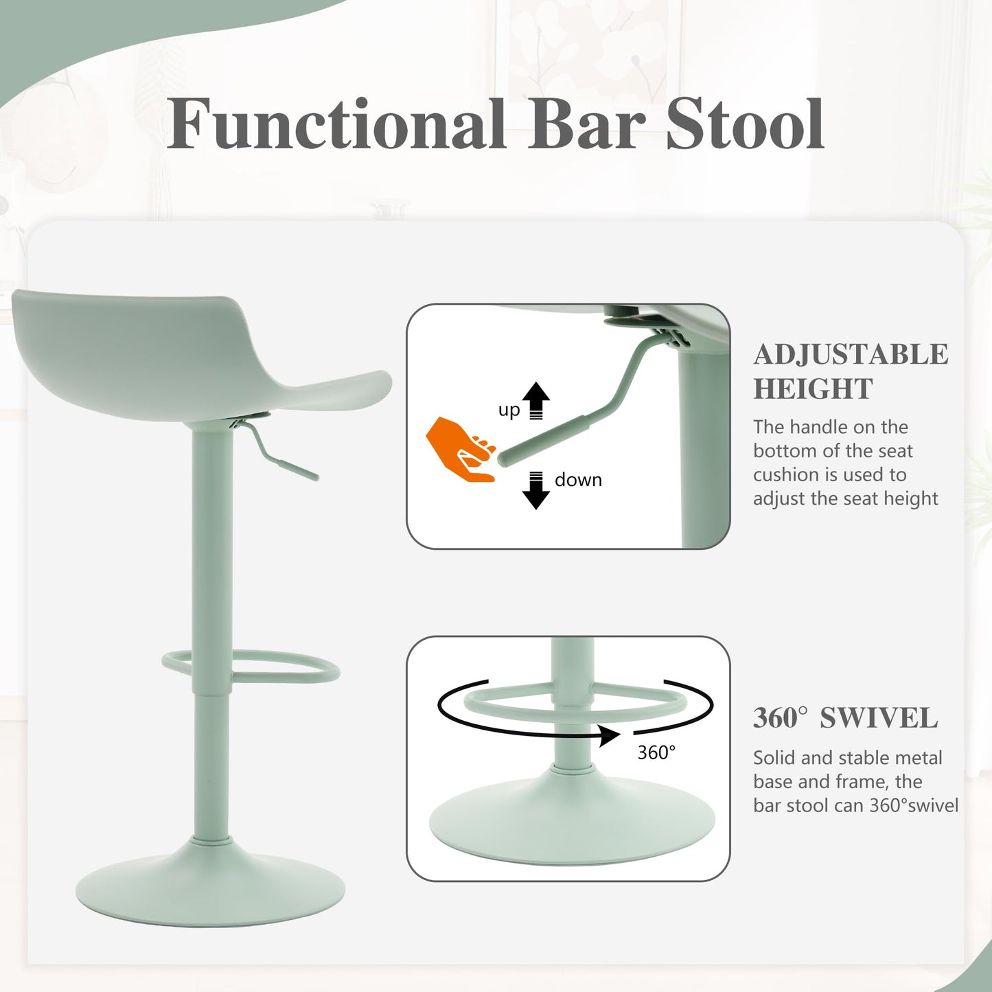 YOUNIKE Adjustable Height Bar Stools Set of 2 Plastic Swivel Barstool with Low Back Modern Kitchen Counter Island Bar Chairs for Breakfast Nook Cafe Bars Office Mint Green