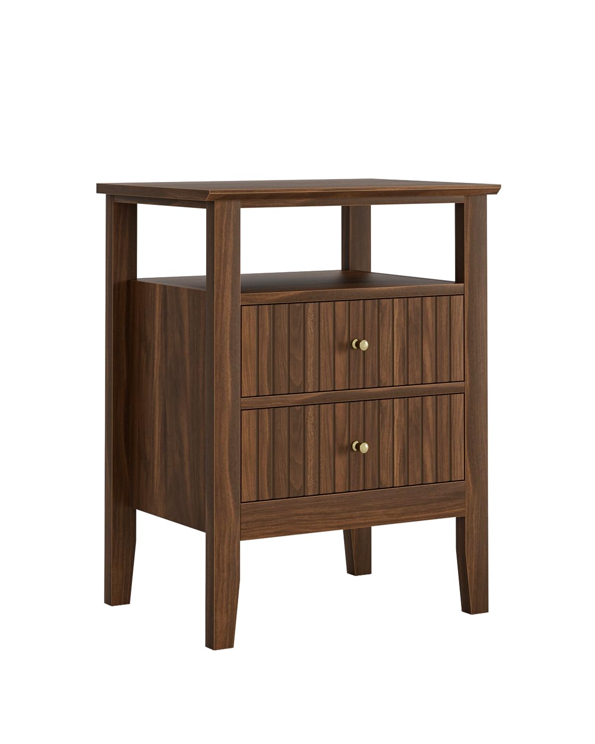 Apetaccat Fluted Nightstand, Farmhouse Night Stand with 2 Drawers, Mid Century Modern Side Accent Table,Bedside End Table for Bedroom, Living Room, Brown