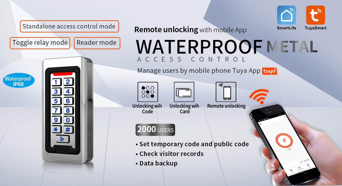 Door Access Control Keypad, Stainless Steel Outdoor IP68 Waterproof, 2000 Users, Wiegand 26-bit Input / Output, Tuya App Remote Control, RFID Card & PIN Code Entry, Doorbell Button