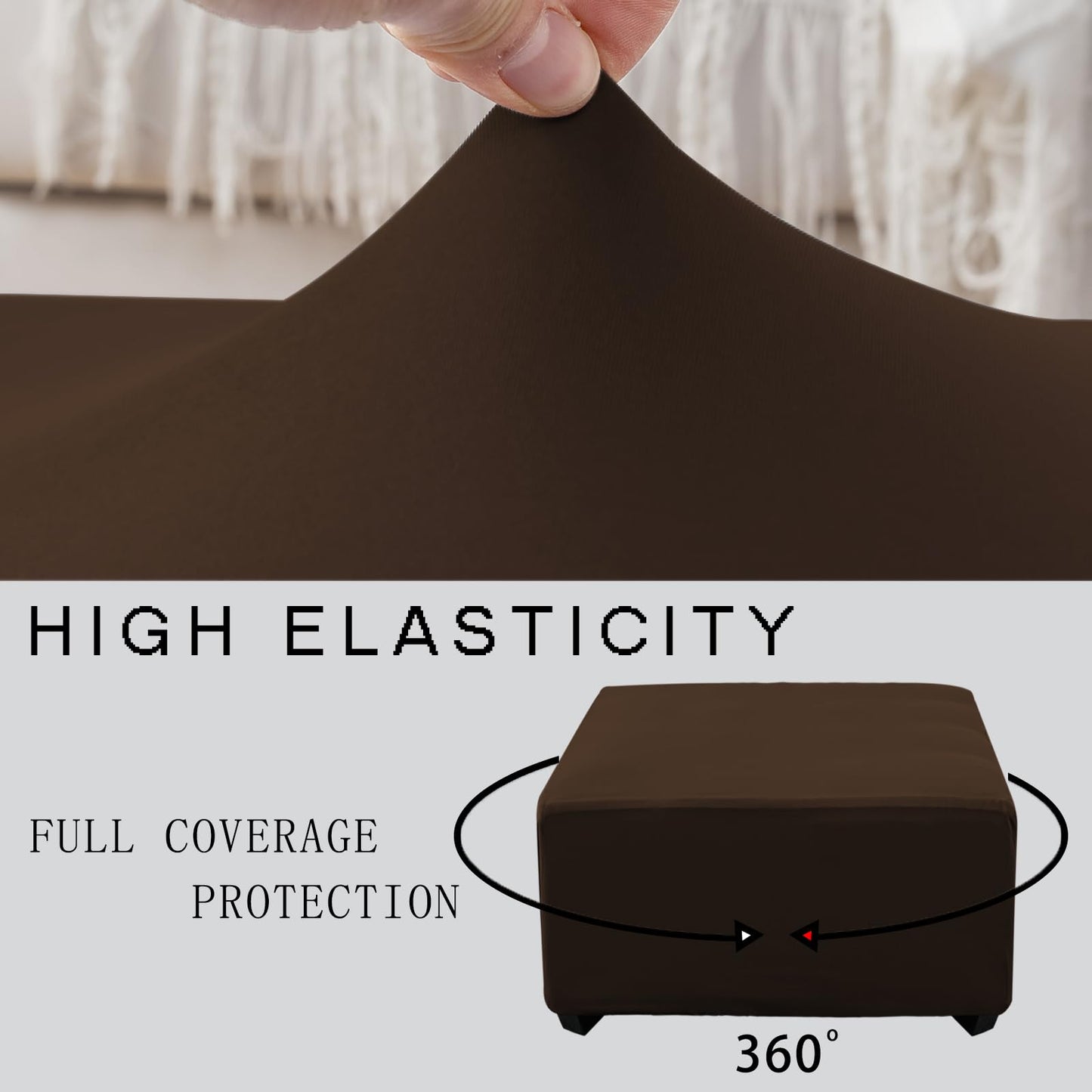 UOIJAY Super Stretch Ottoman Cover- Soft Form Fit Ottoman Cover Rectangular Ottoman Slipcovers for Folding Storage Furniture, Footstool Cover with Nonslip Elastic Bottom (Large, Chocolate)