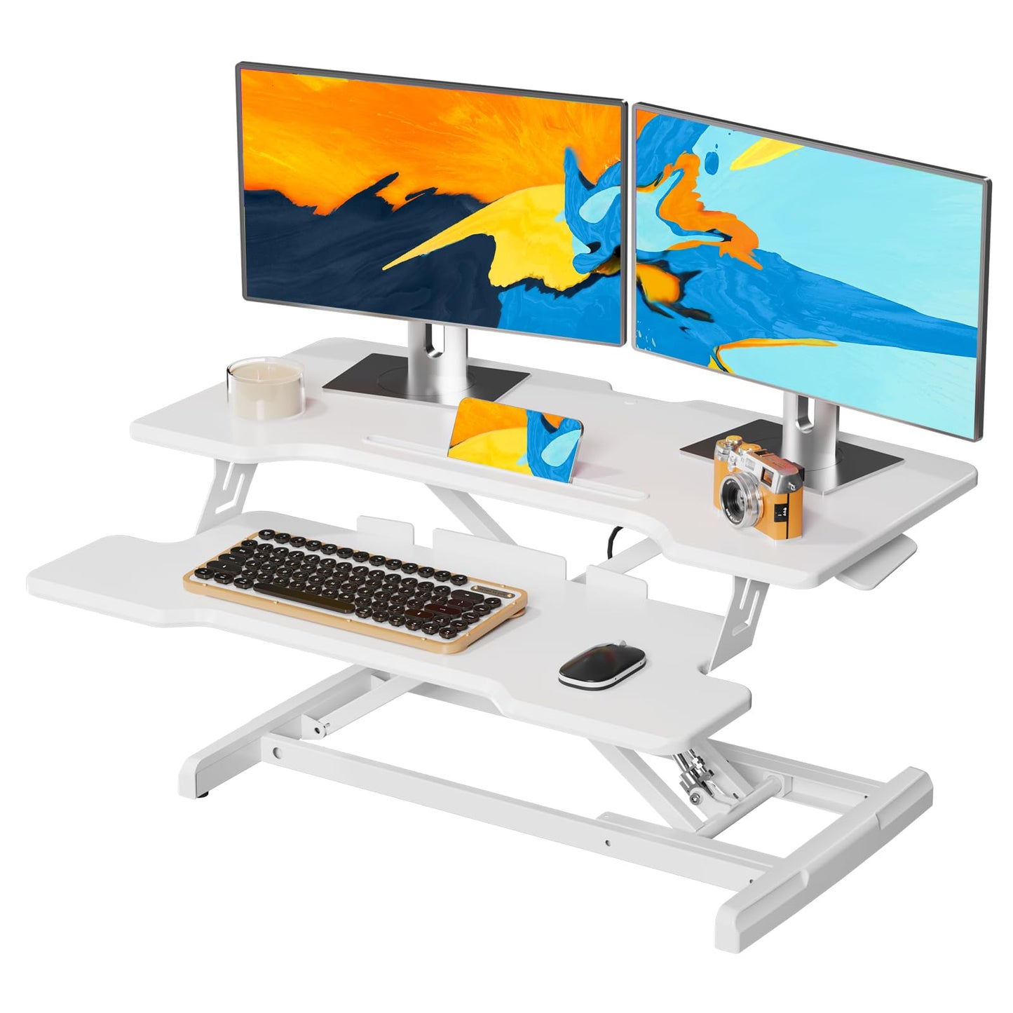 JYLH JOYSEEKER Standing Desk Converter 32 inch, Height Adjustable Sit Stand Desk Riser, Quick Sit to Stand Tabletop Dual Monitor Riser Workstation for Home Office with Keyboard Tray, White