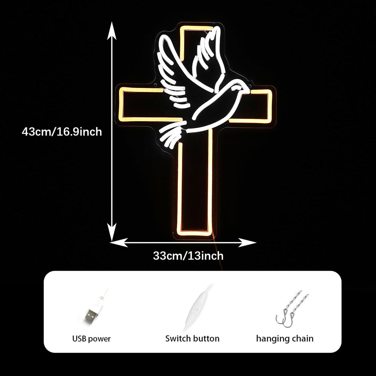Cross Neon Sign Dimmable Led Easter Cross Neon Light For Wall Decoration White Dove of Peace Neon Light Signs USB Powered Light Up Sign For Festival Party Wedding Home Decor