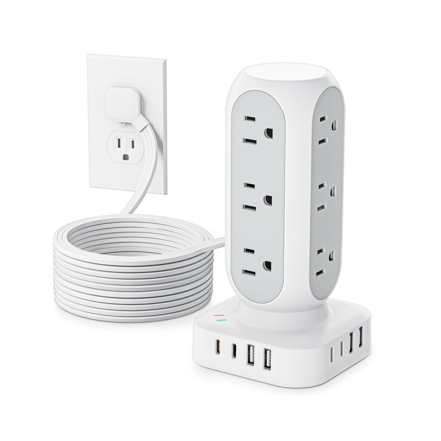 Flat Plug Power Strip Tower 10FT, 40W Total Fast Charging Station, Dual PD 20W USB-C Charger Tower with 12 AC Outlets and 8 USB Ports (4 USB C), Long Extension Cord for Home Office Dorm Room