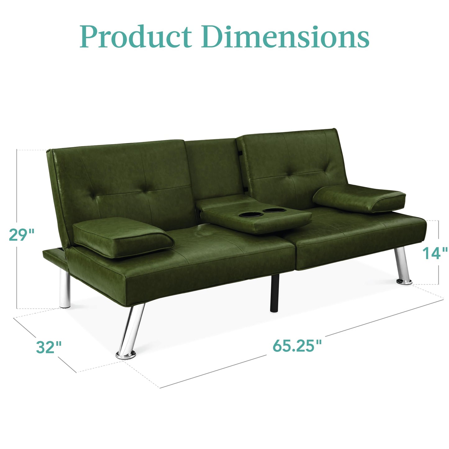 Best Choice Products Faux Leather Upholstered Modern Convertible Futon, Adjustable Folding Sofa Bed, Guest Bed w/Removable Armrests - Dark Green