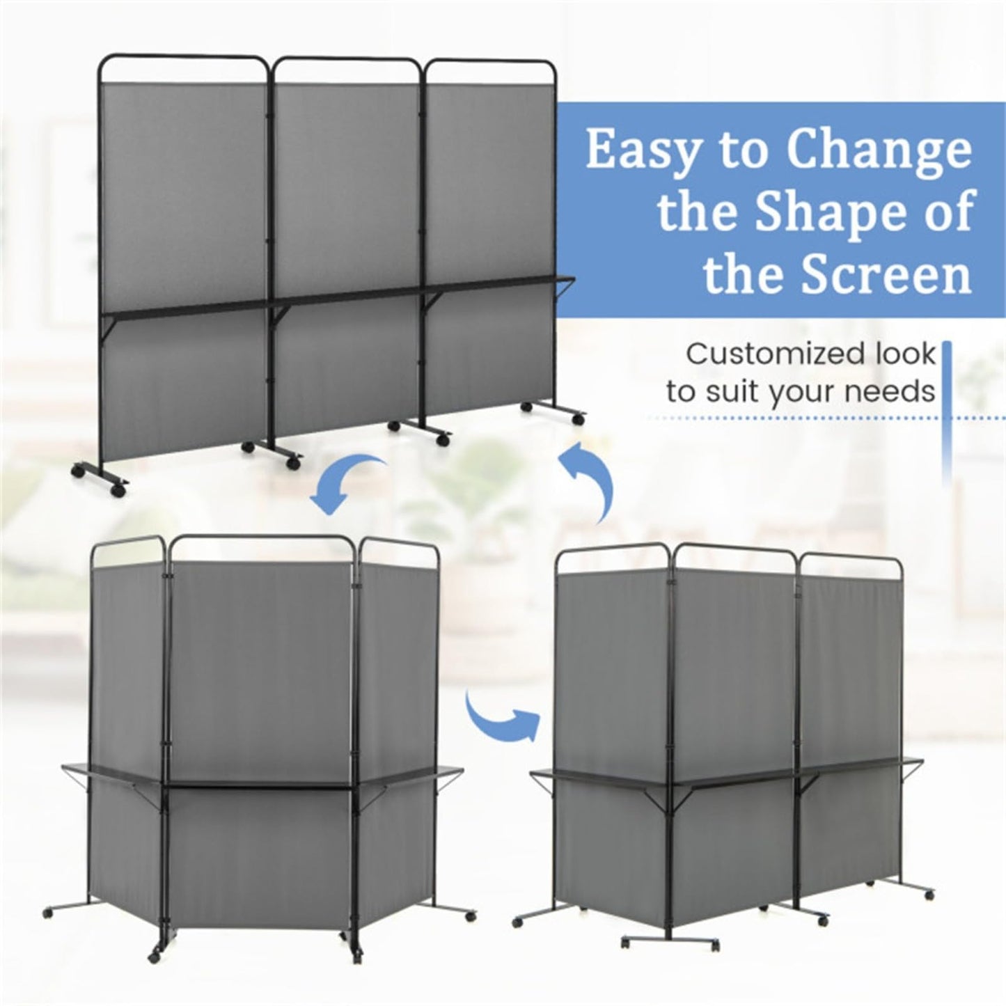 YWGYWG 3 Panel Room Divider with Storage Shelves ， 103" W x 74" H Folding Privacy Screen, Home Office Studio, Fabric Wall Divider for Room Separation (Grey)