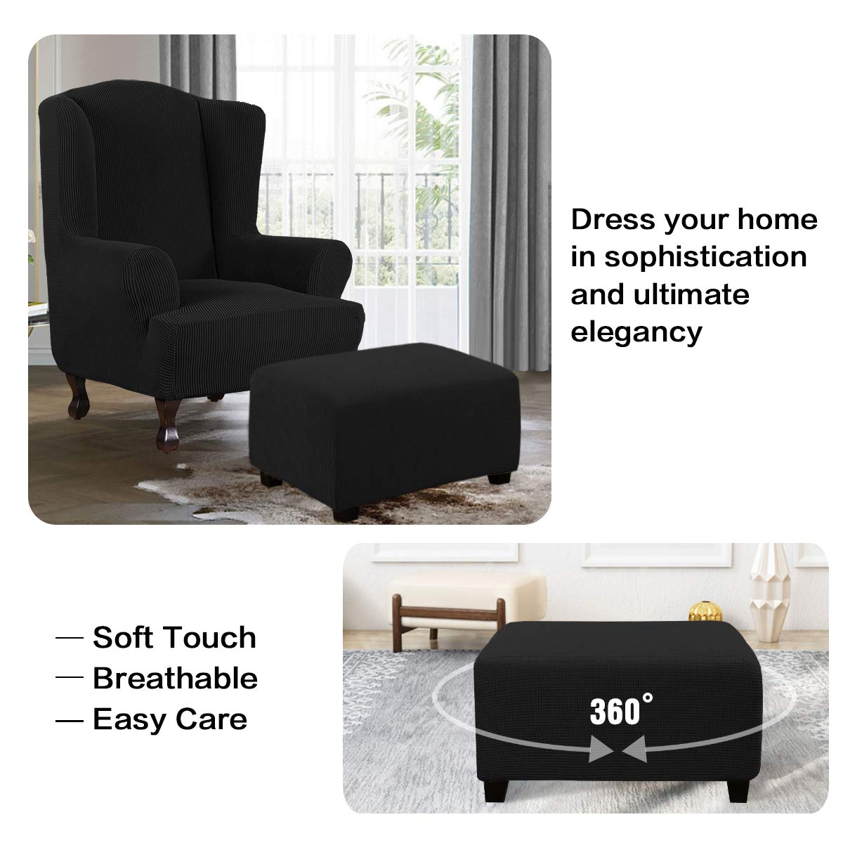 H.VERSAILTEX Ottoman Cover Slipcover Rectangle Fit Length 29"-34" Footrest Sofa Slipcovers Stool Cover Footstool Protector Covers Feature Stretch Thick Soft Jacquard Fabric Removable Washable - Black